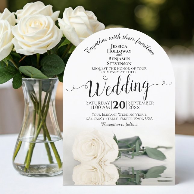 Reflecting Ivory White Rose Elegant Arch Wedding Invitation (With Arch Cut)