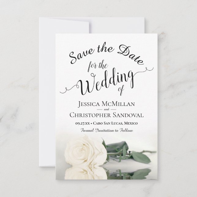 Reflecting Ivory White Rose Romantic Wedding Save The Date (Front)