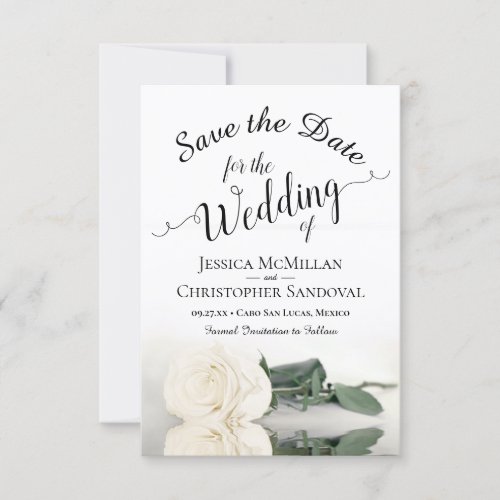 Reflecting Ivory White Rose Romantic Wedding Save The Date