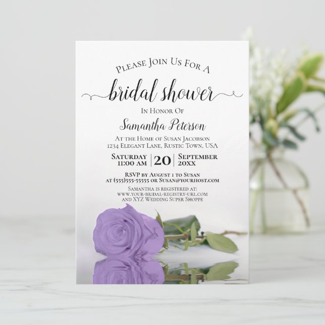 Reflecting Lavender Purple Rose Bridal Shower Invitation (Standing Front)