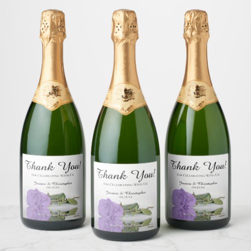 Reflecting Lavender Purple Rose Wedding Thank You Sparkling Wine Label