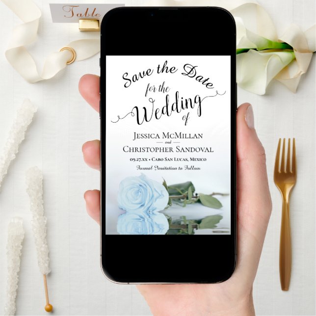 Reflecting Light Dusty Blue Rose Romantic Wedding Save The Date (Front Digital)