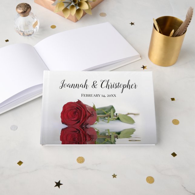 Reflecting Long Stemmed Red Rose Romantic Wedding Guest Book (Front Open)