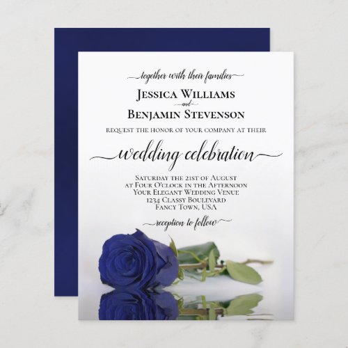 Reflecting Navy Blue Rose BUDGET Wedding Invite