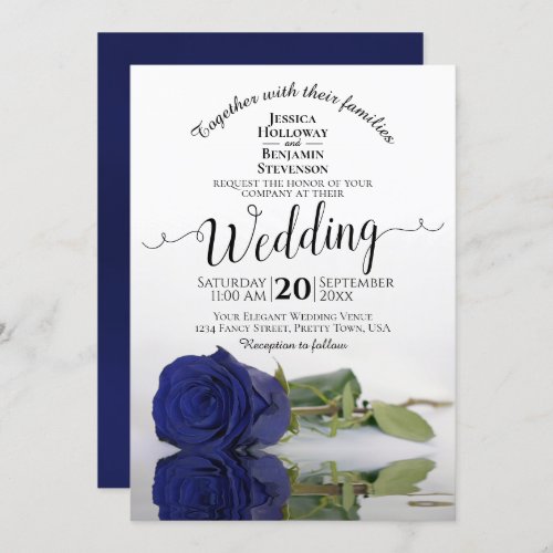 Reflecting Navy Blue Rose Elegant Romantic Wedding Invitation