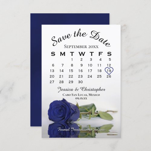 Reflecting Navy Blue Rose Elegant Wedding Calendar Save The Date