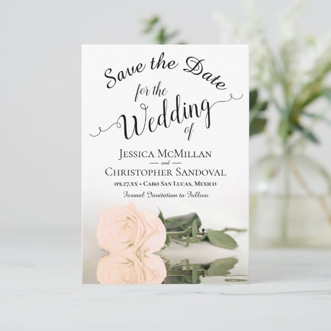 Reflecting Pale Peach Rose Romantic Wedding Save The Date (Standing Front)