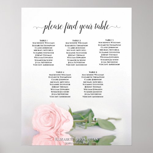 Reflecting Pink Rose 5 Table Wedding Seating Chart