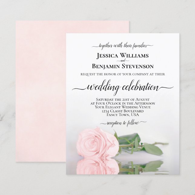 Reflecting Pink Rose BUDGET Wedding Invitation (Front/Back)