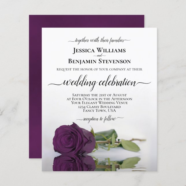 Reflecting Plum Purple Rose BUDGET Wedding Invite (Front/Back)