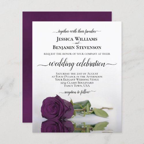 Reflecting Plum Purple Rose BUDGET Wedding Invite