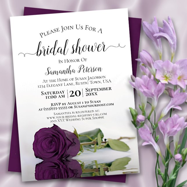 Reflecting Plum Purple Rose Elegant Bridal Shower Invitation
