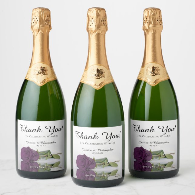 Reflecting Plum Purple Rose Wedding Thank You Sparkling Wine Label (Bottles)