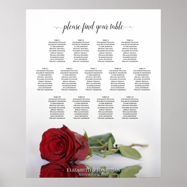 Reflecting Red Rose 13 Table Wedding Seating Chart (Front)