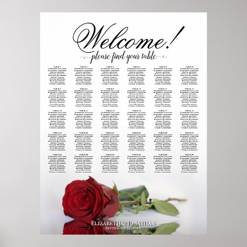 Reflecting Red Rose 30 Table Wedding Seating Chart