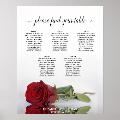 Reflecting Red Rose 5 Table Wedding Seating Chart