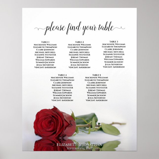 Reflecting Red Rose 5 Table Wedding Seating Chart (Front)