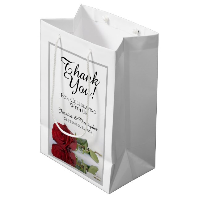 Reflecting Red Rose Wedding Thank You Medium Gift Bag (Front Angled)