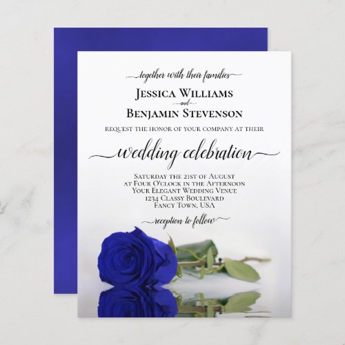 Reflecting Royal Blue Rose BUDGET Wedding Invite