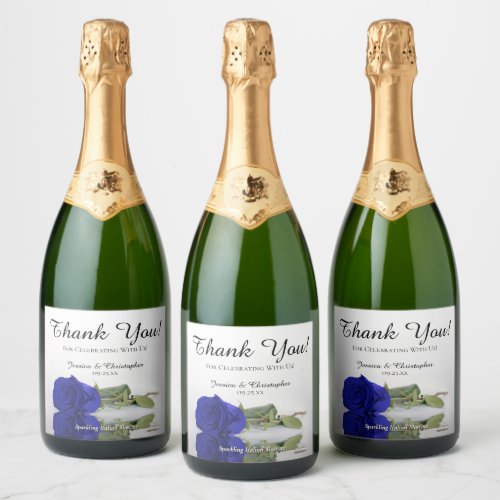 Reflecting Royal Blue Rose Wedding Thank You Sparkling Wine Label