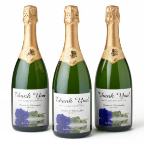 Reflecting Royal Blue Rose Wedding Thank You Sparkling Wine Label