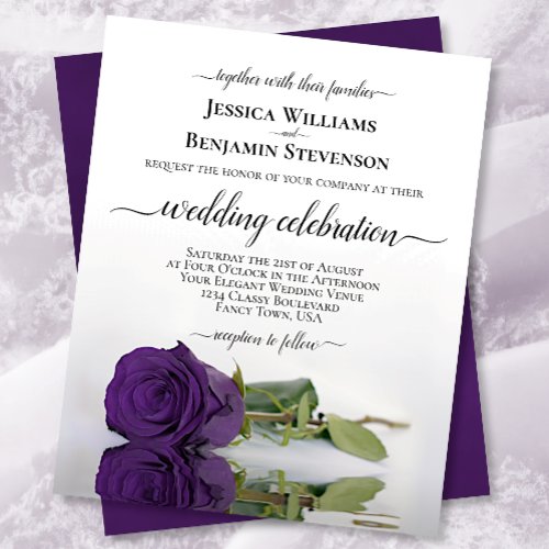 Reflecting Royal Purple Rose BUDGET Wedding Invite