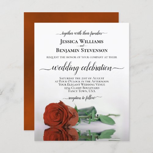 Reflecting Rust Orange Rose BUDGET Wedding Invite