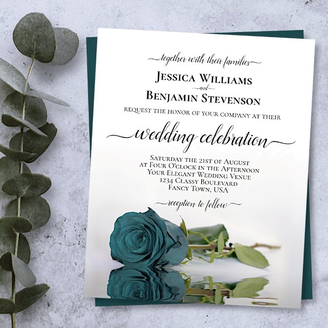 Reflecting Teal Rose BUDGET Wedding Invitation (Creator Uploaded)