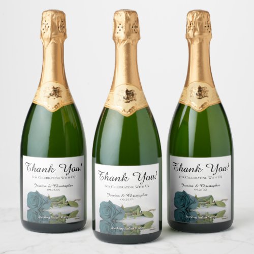 Reflecting Teal Rose Elegant Wedding Thank You Sparkling Wine Label