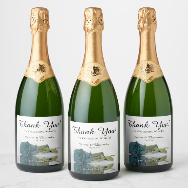 Reflecting Teal Rose Elegant Wedding Thank You Sparkling Wine Label (Bottles)