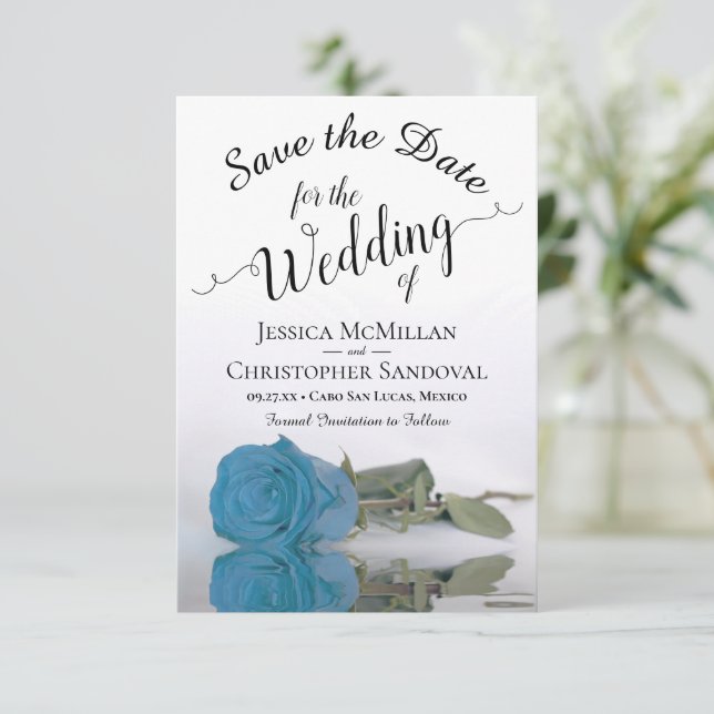 Reflecting Turquoise Blue Rose Romantic Wedding Save The Date (Standing Front)