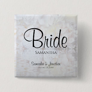 Reflecting White Hearts & Peonies Elegant Bride Button