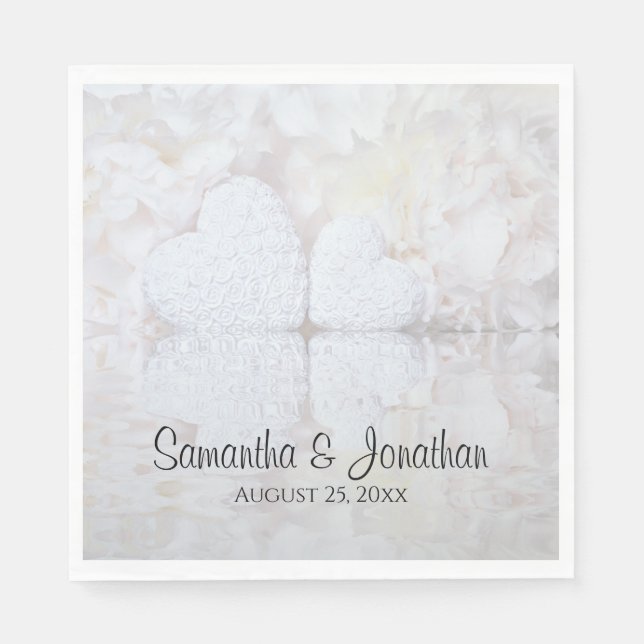 Reflecting White Hearts & Peonies Elegant Wedding Napkins (Front)