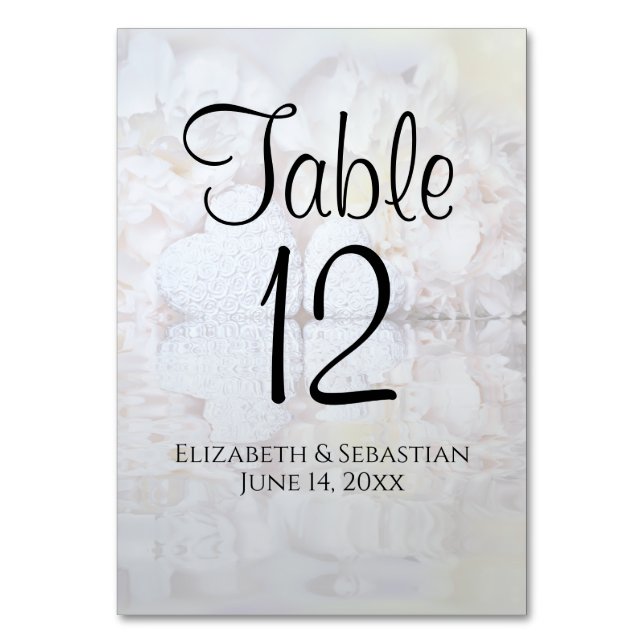 Reflecting White Peonies and Hearts Wedding Table Number (Back)