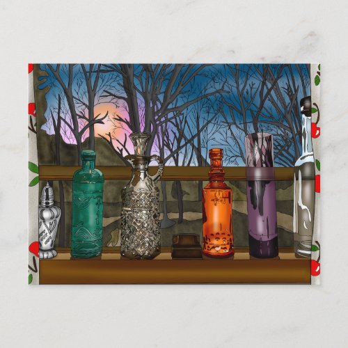 Reflection  Colorful Glass Vases in Window Sill   Postcard