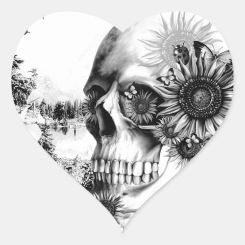 Reflection Floral landscape skull Heart Sticker