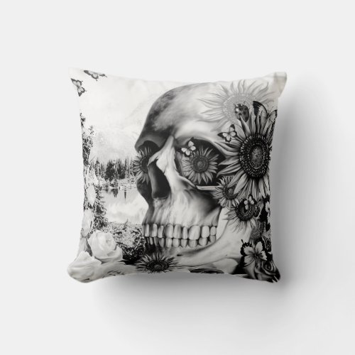 Reflection Floral landscape skull pillow Throw Pillow