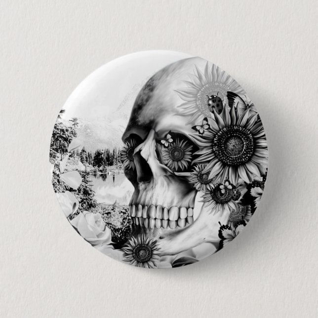 Reflection. Floral landscape skull. Pinback Button (Front)