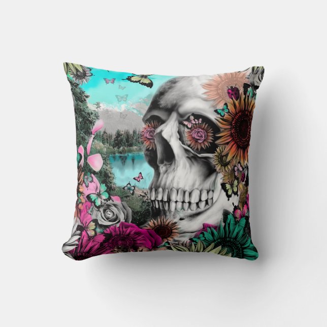 Reflection. Floral landscape skull. Throw Pillow (Front)