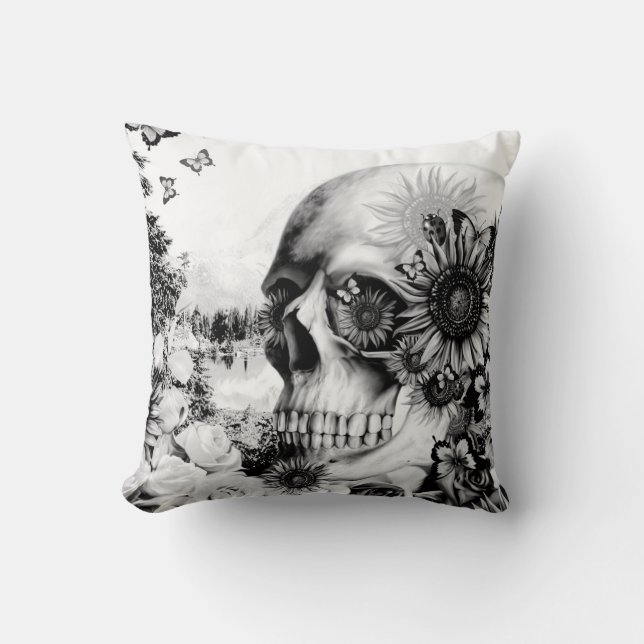 Reflection, floral nature skull throw pillow (Front)