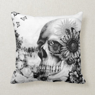 Reflection, floral nature skull throw pillow