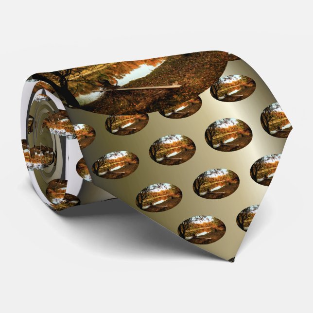 Reflection Forest Autumn River Neck Tie (Rolled)