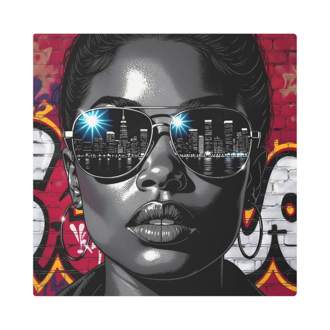 Reflection in Sunglasses of the City Skyline Metal Print (Front)