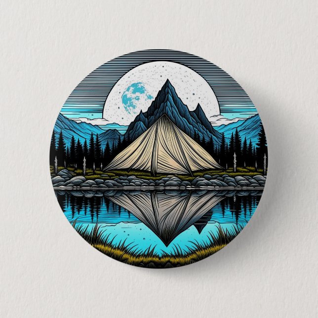 Reflection of a Tent on the Lake in the Mountains Button (Front)