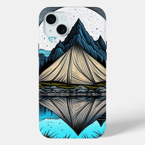 Reflection of a Tent on the Lake in the Mountains iPhone 15 Plus Case