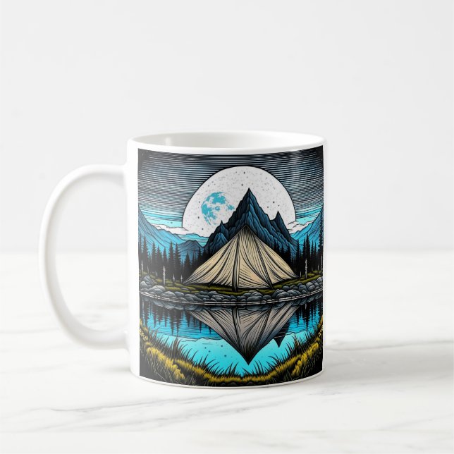 Reflection of a Tent on the Lake in the Mountains Coffee Mug (Left)