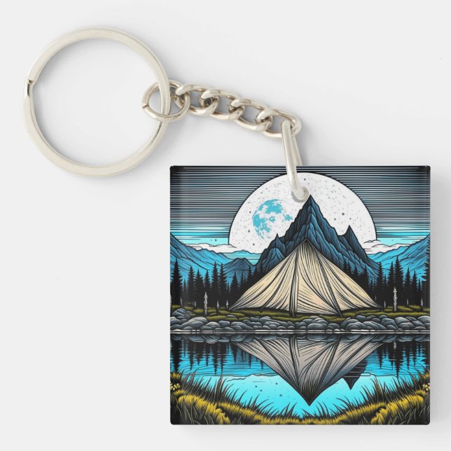 Reflection of a Tent on the Lake in the Mountains Keychain (Front)