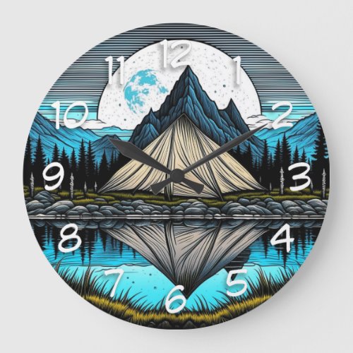 Reflection of a Tent on the Lake in the Mountains Large Clock