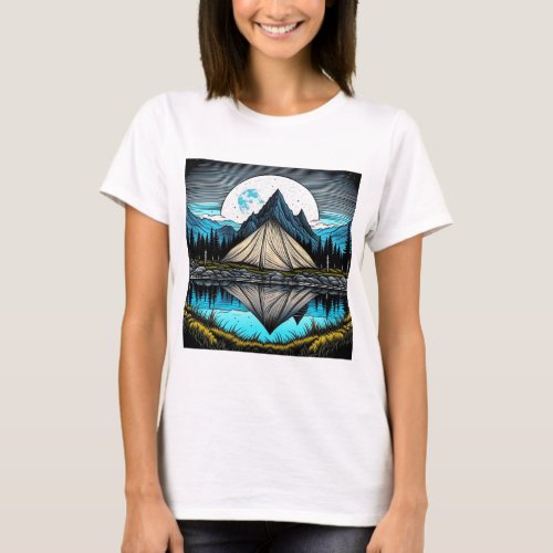 Reflection of a Tent on the Lake in the Mountains T_Shirt