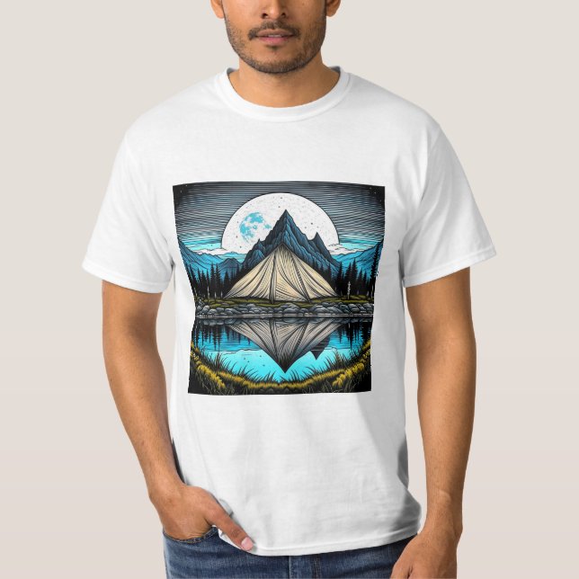 Reflection of a Tent on the Lake in the Mountains T-Shirt (Front)